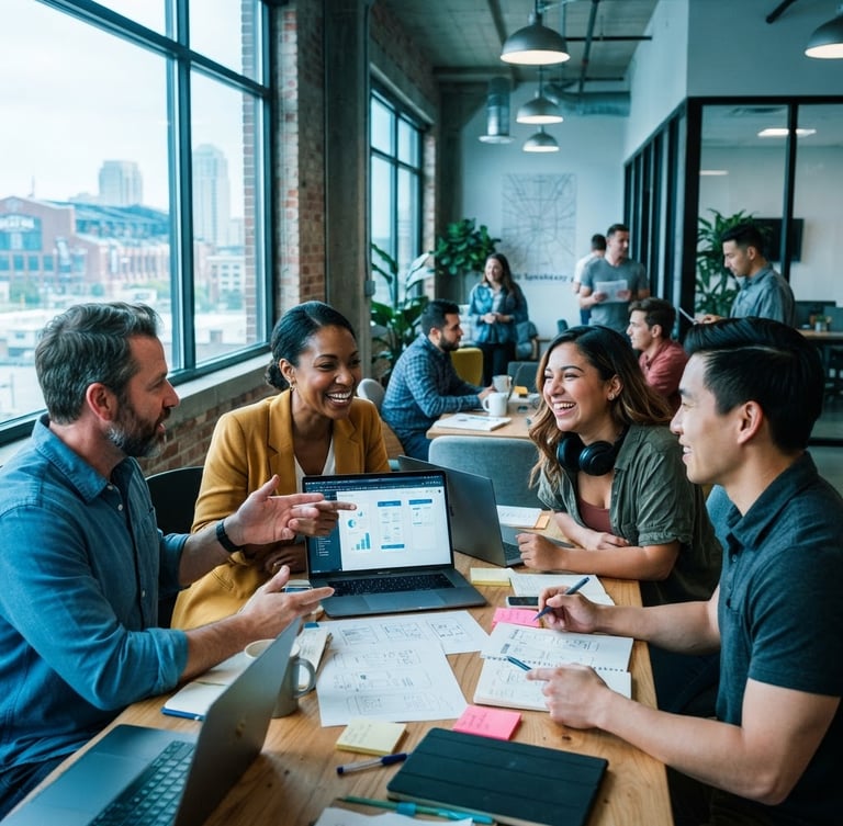 Dynamic editorial photography, bright natural light with cool cyan accents, local professionals collaborating in a modern Indianapolis innovation center, 35mm
