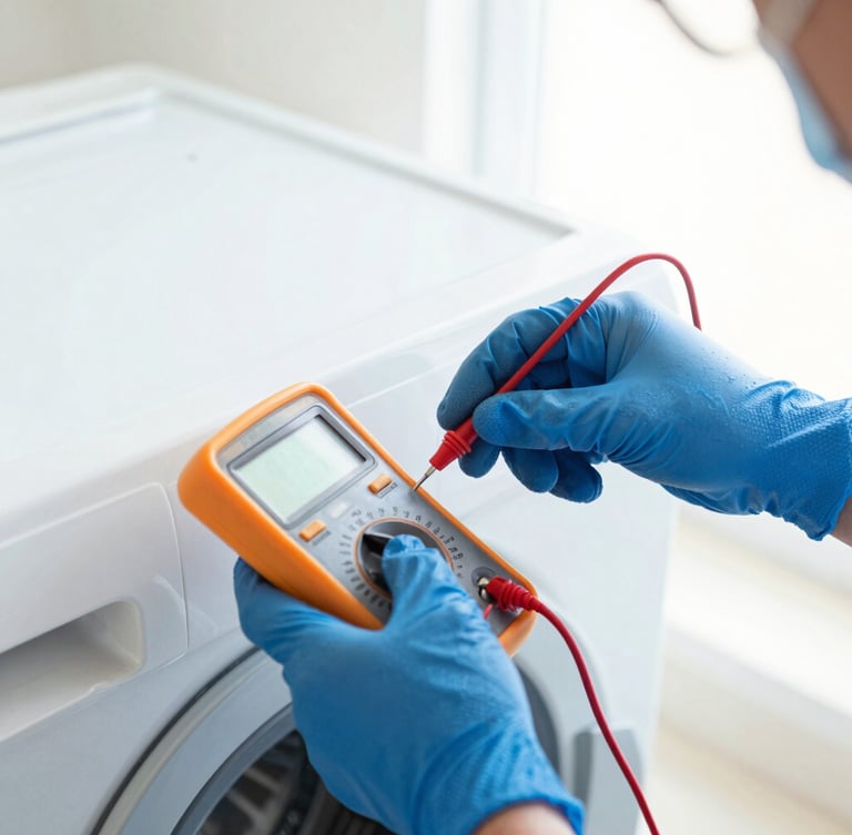 Close-up of a technician's hands in blue gloves using a digital multimeter to test a washing machine's heating element, bright natural utility light.