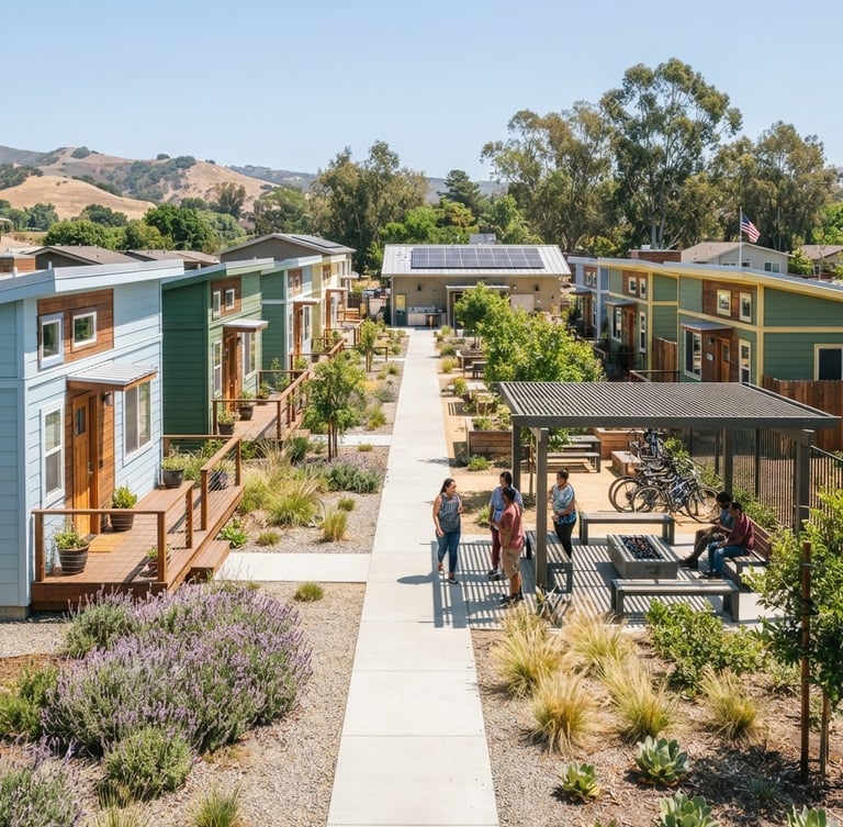 Bright, clean architectural shot of a DignityMoves private cabin community under clear California sunlight, focusing on the individual units and communal spaces, 35mm lens.