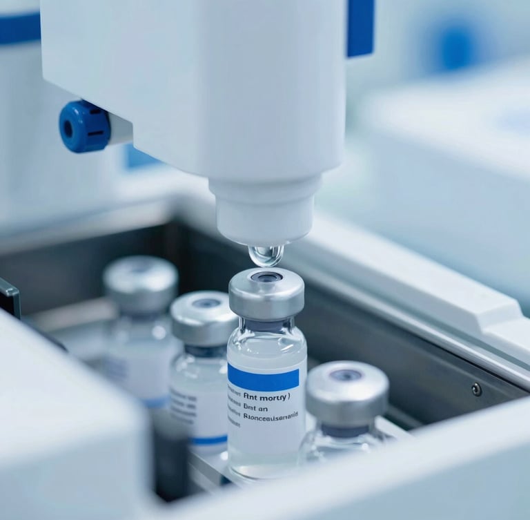Macro close-up of a sterile automated packaging line sealing generic medication vials under cool-toned blue and white laboratory lighting.