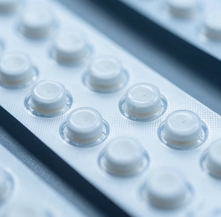 Macro close-up of sterile blister packaging line under cool blue-toned laboratory lighting, sharp clinical focus, no people.
