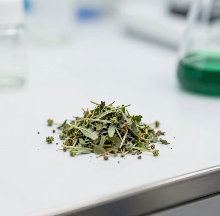 Macro close-up of raw botanical ingredients being analyzed on a sterile stainless steel counter, bright white studio light, subtle deep green accents