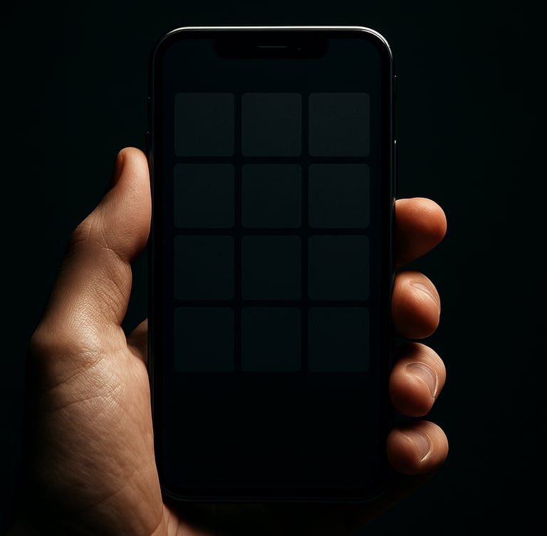 Macro photograph of a hand holding a sleek, dark-mode smartphone interface displaying a clean grid utility, sharp shadows, deep moody tones, high-contrast details