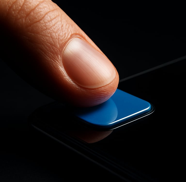 Extreme close-up macro shot of a thumb pressing a glossy blue interface button on a modern smartphone, dramatic studio lighting, sharp shadows, deep black background