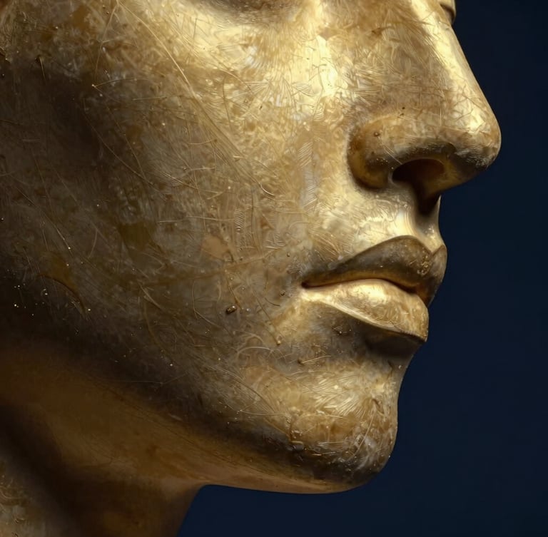 Macro editorial close-up of sculpted facial muscle contours, dramatic low-key studio lighting with sharp gold highlights, deep navy background, elegant and clinical aesthetic
