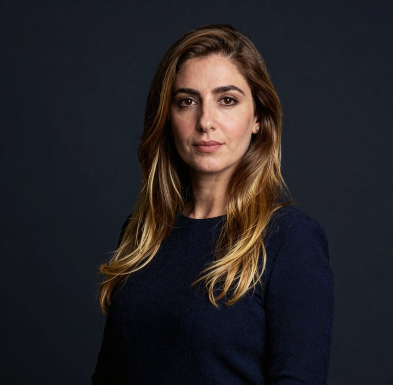 Professional portrait of founder Amina Driouech in a clean, academic setting, dark navy background, gold highlights, sharp focus