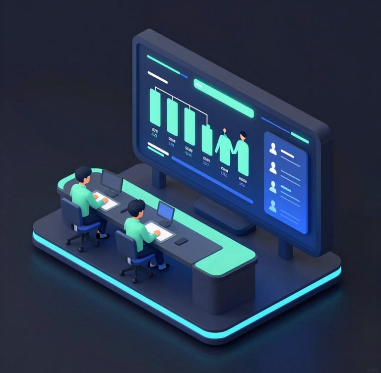 An isometric 3D render of a futuristic high school classroom dashboard, dark-mode styling with glowing neon mint and electric blue lines, showing career progression maps and student metrics, clean vector design