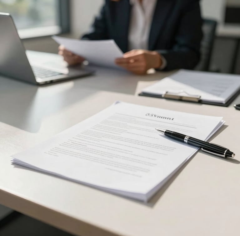 Close-up of legal documents and a pen on a modern desk, with a blurred background of an Indonesian property agent consulting a client, bright natural daylight, soft shadows, 35mm.