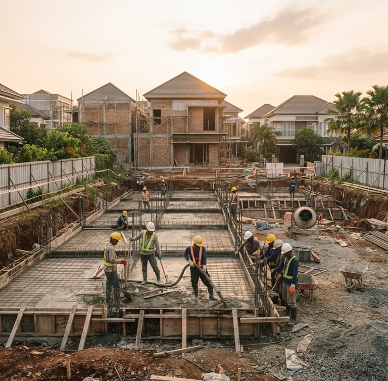 Wide shot of a modern Indonesian residential construction site at golden hour, showing the foundation being laid, safety gear visible, clean and professional, soft shadows, 35mm.