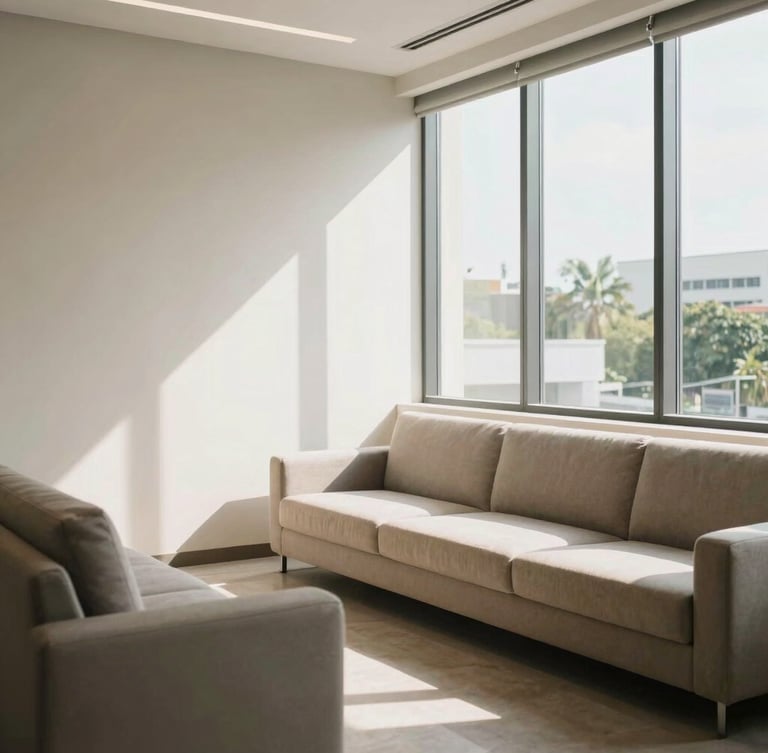 Modern, clean consultation room interior with comfortable seating and a large window, bright natural daylight, architectural details, soft shadows, realistic Indonesian context, 35mm