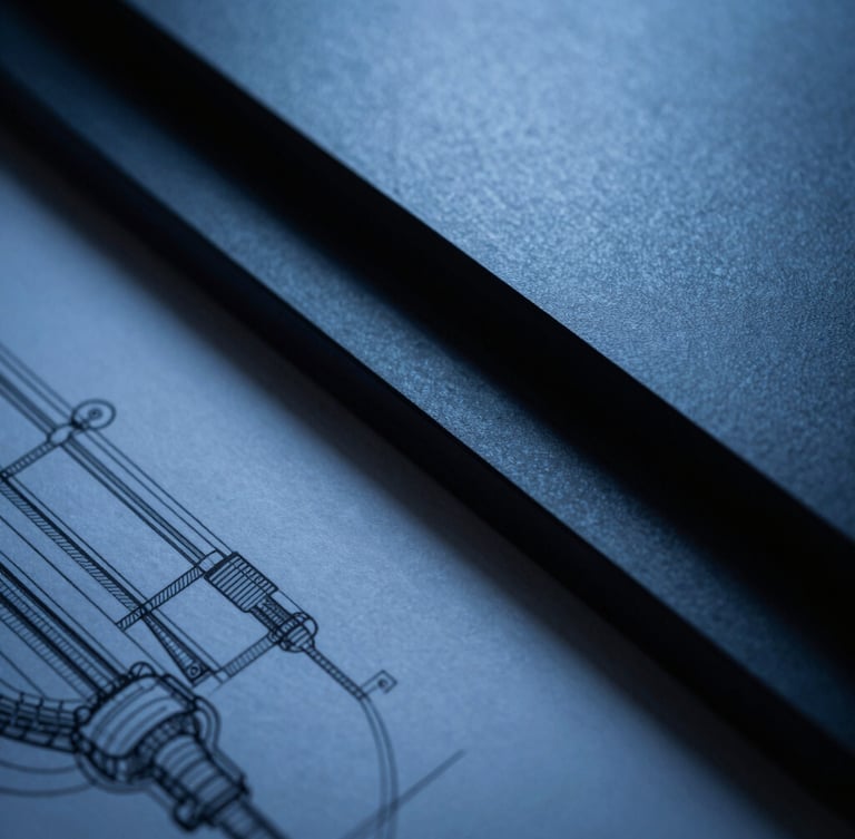 A macro shot of sharp architectural lines and high-end industrial design schematics, cool-toned directional blue light, deep navy shadows, 35mm