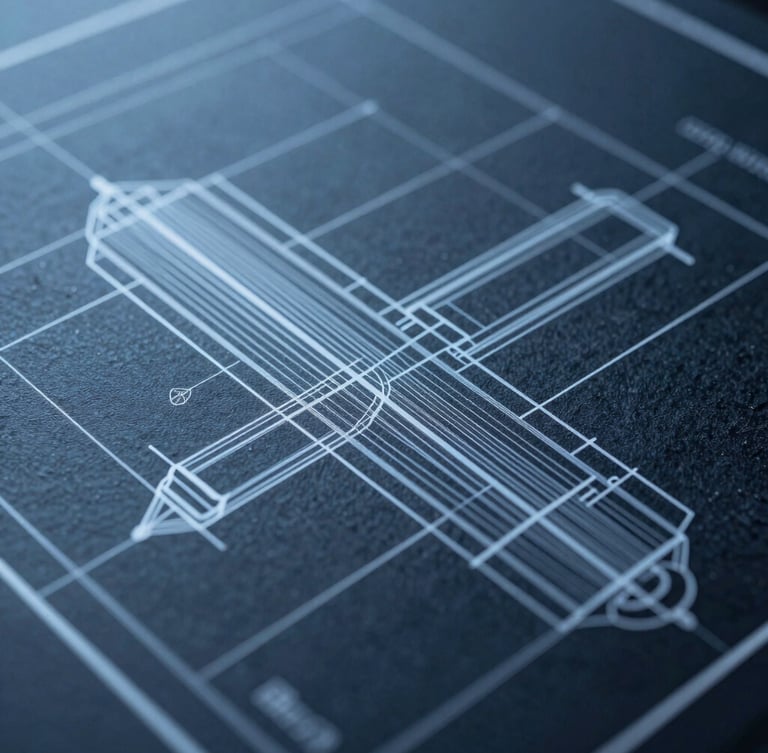 Macro shot of a high-end industrial design schematic with sharp technical lines and cool blue highlights, 35mm