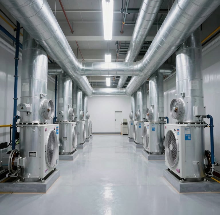 Symmetrical wide shot of a pristine commercial mechanical room with neatly organized HVAC ducts and immaculate steel pipes under crisp technical white light.
