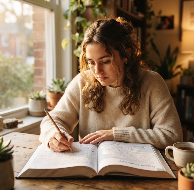 A young student studying diligently at a desk, bathed in warm golden-hour light, focused expression, shallow depth of field, rich organic tones, authentic human connection, pencil in hand, open book, soft background blur, natural light from window to the left.