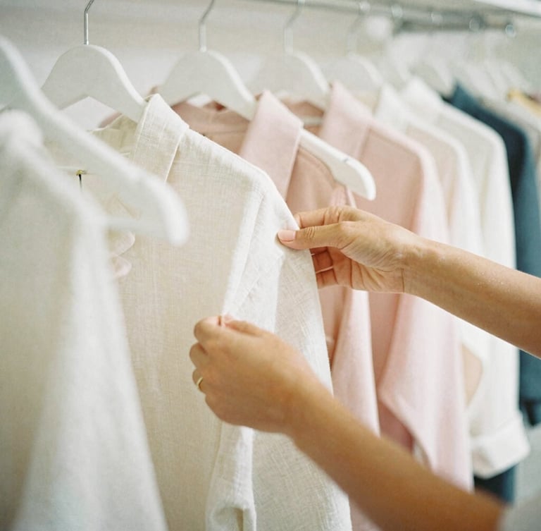 Intimate close-up of hands arranging soft linen apparel on a hanger in a sun-drenched boutique studio, warm Florida light casting soft shadows, 35mm