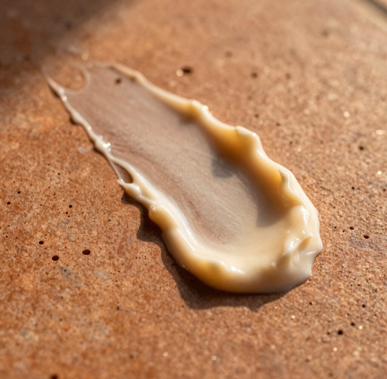 Macro close-up of a rich cream swipe on a warm terracotta tile, showcasing unfiltered texture and air pockets, direct golden hour light.