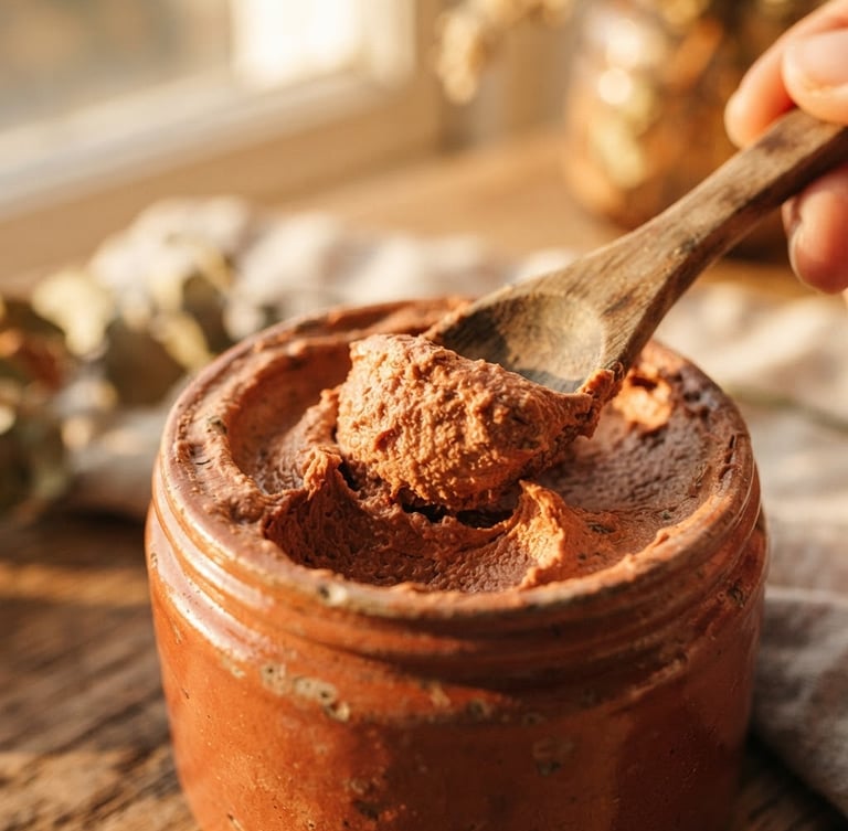 Macro close-up of thick, whipped terracotta-colored botanical cream being scooped, direct warm golden hour sunlight, rich tactile texture, shallow depth of field