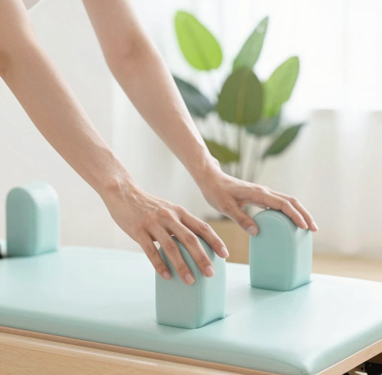 Close-up of hands gently guiding a movement on a wooden Pilates reformer, soft-focus background with green plants and bright natural daylight.