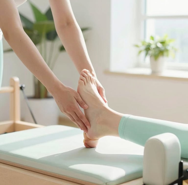 Close-up of gentle hands guiding a patient's foot alignment on a wooden Pilates reformer, soft natural daylight streaming from a window, plants in soft focus, bright editorial style.
