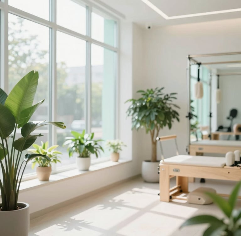 Bright and clean clinic interior with green plants, large windows with soft daylight streaming in, wooden Pilates equipment in background, warm and inviting atmosphere.