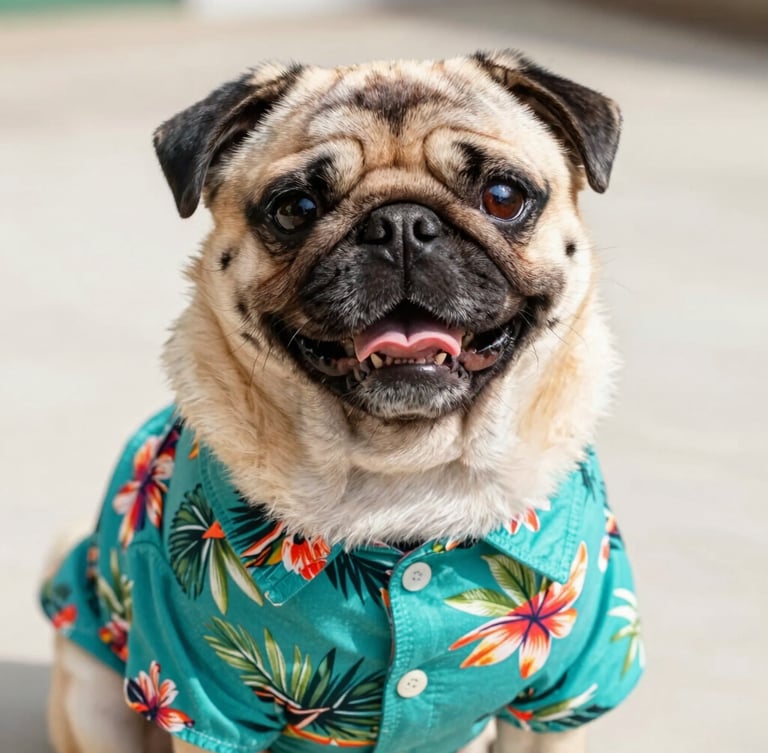 Close-up of a happy pug wearing a colorful teal tropical shirt that fits its broad chest perfectly, bright natural daylight, eye-level shot