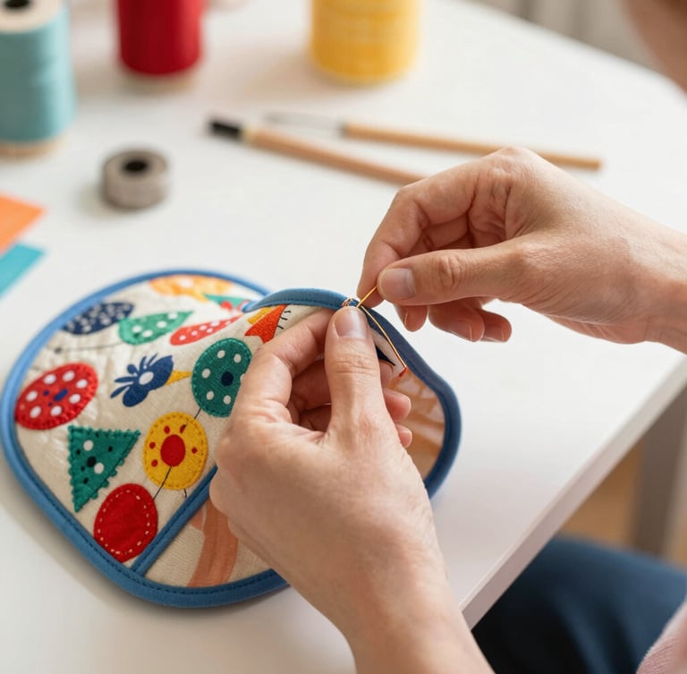 A close-up of artisan hands carefully stitching a colorful fabric pattern for a pet vest in a bright, sunlit workshop, focus on the handmade details, warm atmosphere