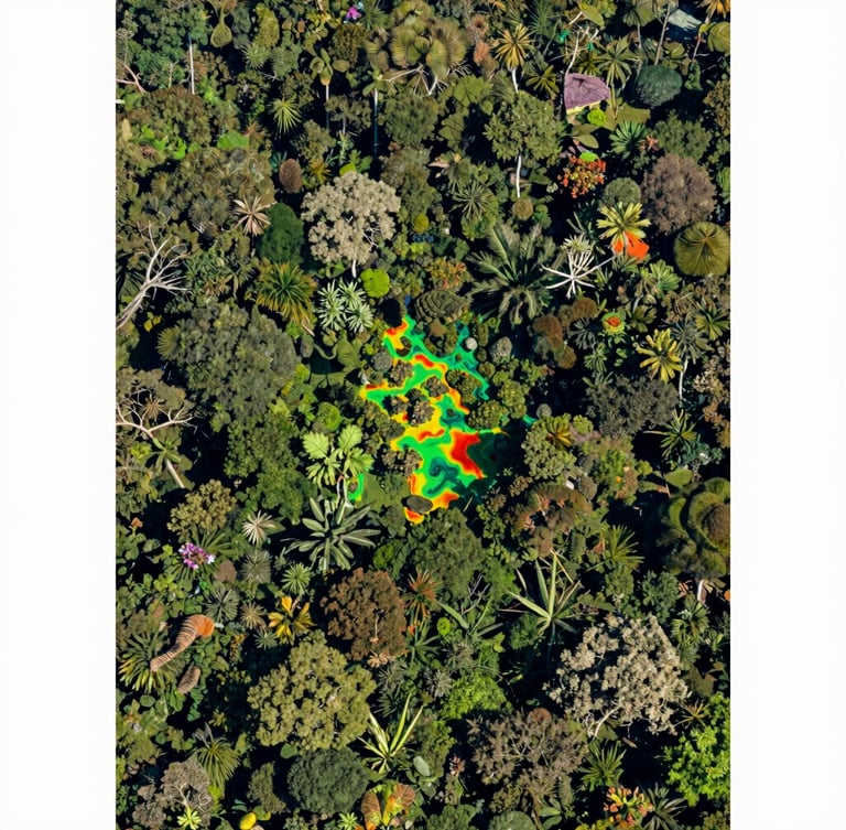 High-altitude aerial orthophoto of a dense tropical forest canopy, sharp orthographic perspective, 70mm technical aerial photography, crisp daylight.