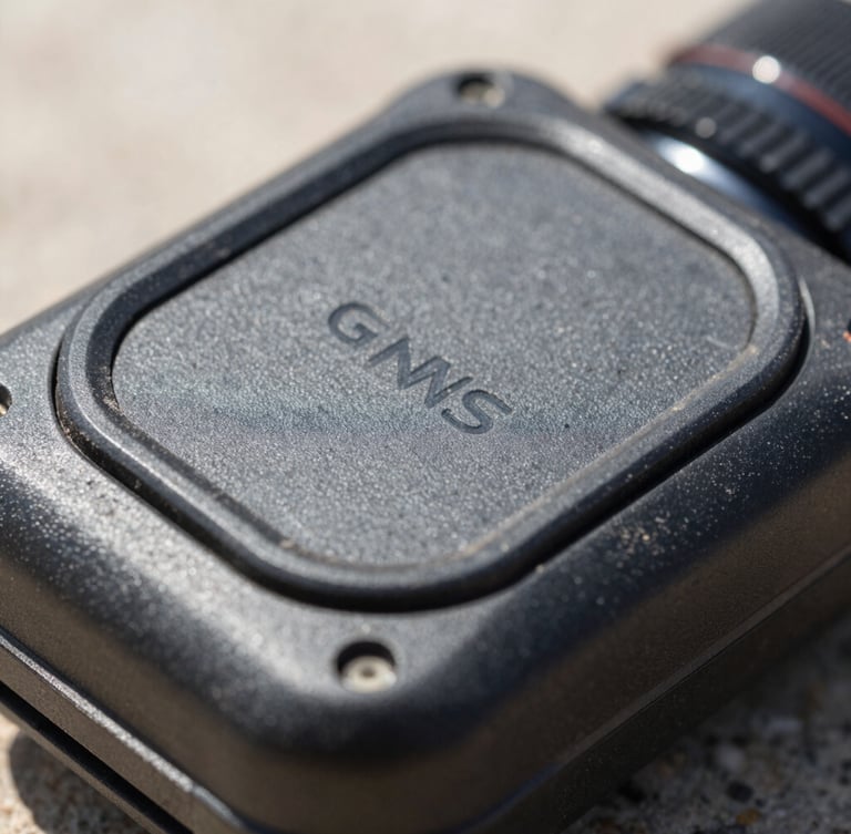 Macro details of ruggedized GNSS receiver casing, dust visible on the protective rubber seal, harsh high-contrast natural daylight, 35mm lens