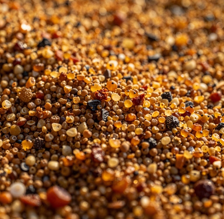 Macro close-up of golden granular shakkar texture, warm low-contrast golden hour sunlight highlighting the rich amber grains and deep brown molasses tones.