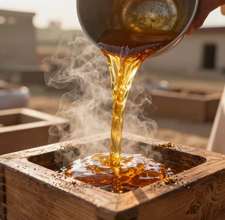 Close-up of golden warm gur being poured into traditional square wooden molds on a heritage farm in Pakistan, steam rising, soft golden hour light highlighting the rich amber texture.