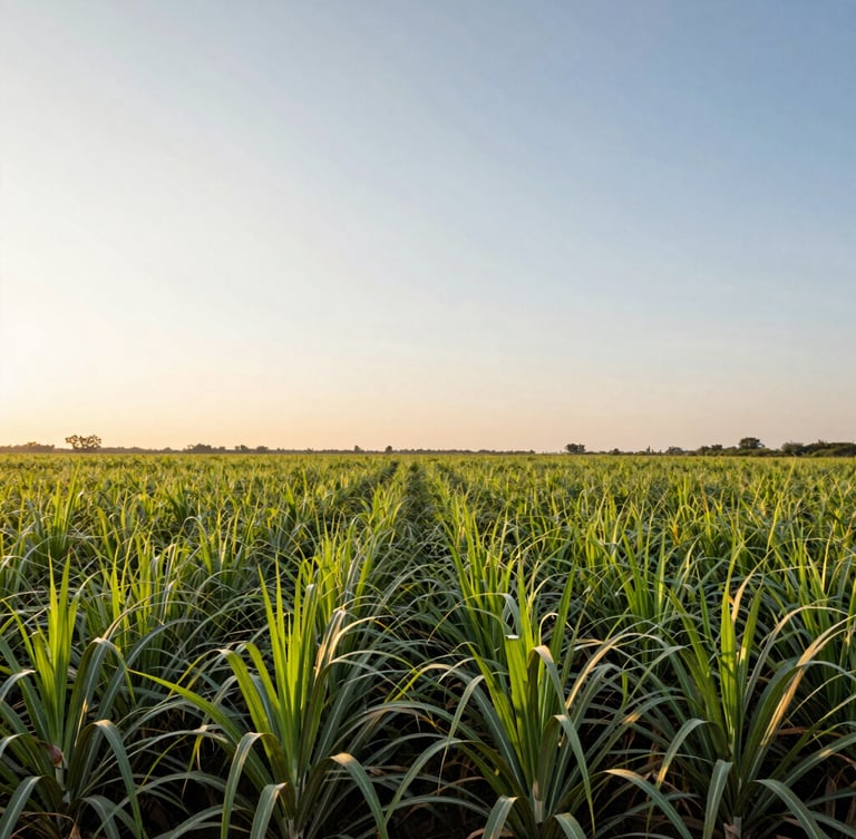 Wide panoramic shot of lush green sugarcane fields along the Indus river basin under warm golden hour sunlight, deep green stalks framing the horizon.