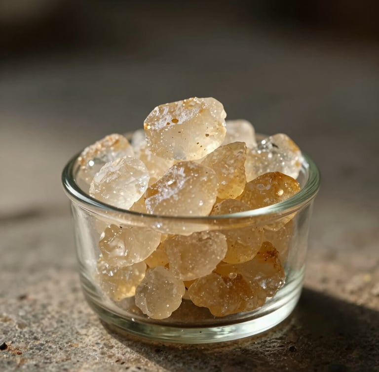Macro close-up of translucent, golden-white khandsari sugar crystals resting in an elegant, minimalist glass jar on a raw stone surface, warm low-contrast morning light, shallow depth of field.