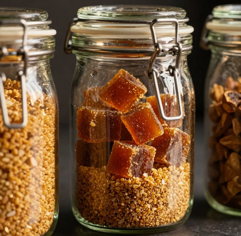 Macro close-up of premium glass pantry jars filled with granular golden shakkar and rich amber gur blocks, warm low-contrast golden hour light catching the glass facets, clean dark background.