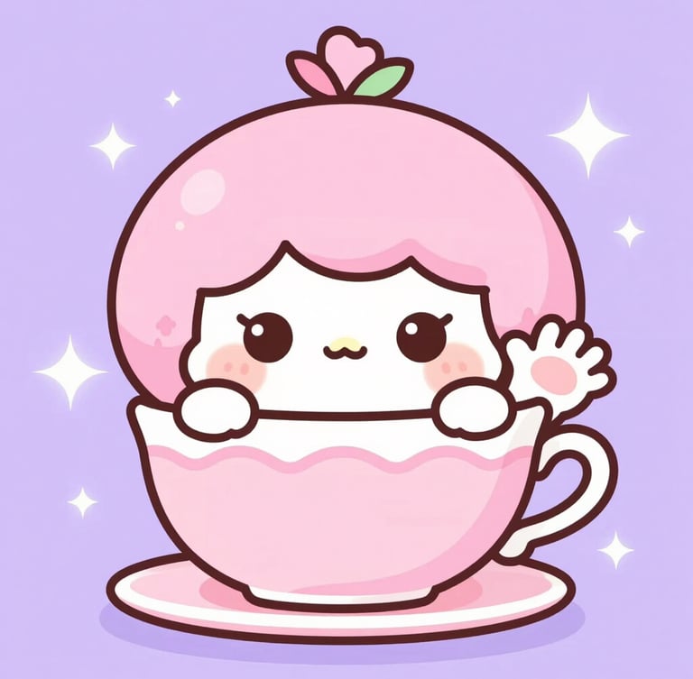 Kawaii 2D vector portrait of Roachy hiding under a giant pastel pink teacup, peeking out shyly with big sparkling eyes at Moachy who is waving with a warm blush on her cheeks, soft lavender background.