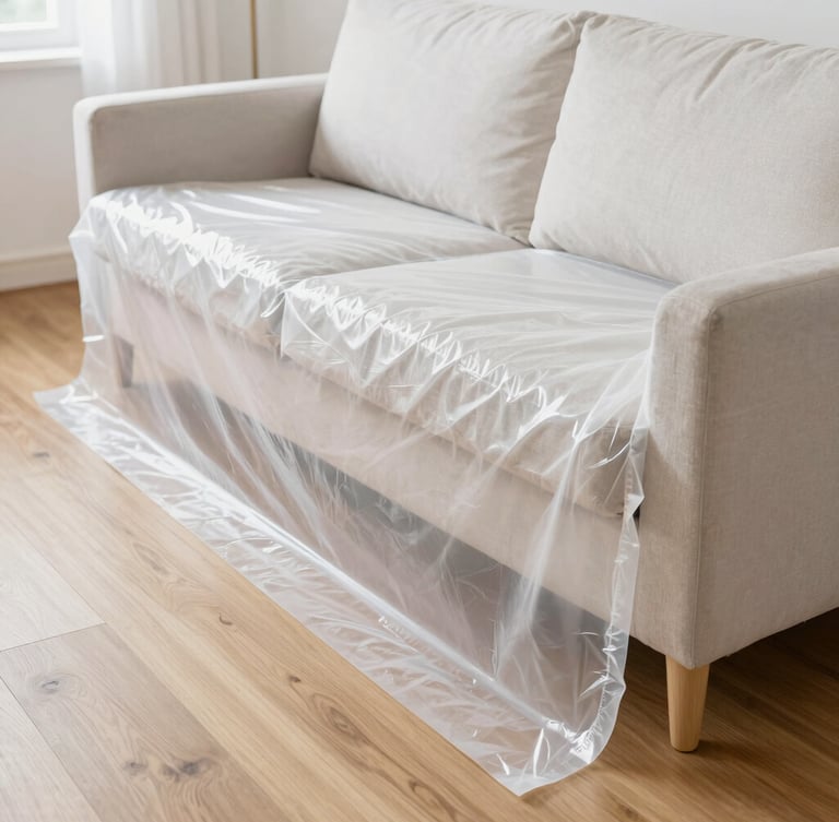 Spotless drop cloths and clean plastic sheets carefully protecting a modern sofa and wooden floor in a bright apartment, natural daylight
