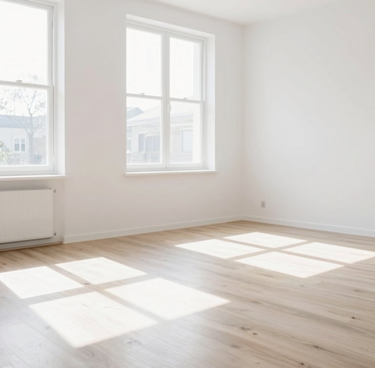 Bright high-key photography of a modern, freshly painted white living room, sunbeams streaming through a large window, spotless wooden floor, minimalist aesthetic