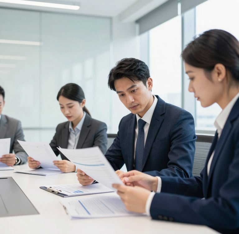 Medium-close shot of professional corporate partners analyzing data sheets in a bright modern boardroom, cool architectural lighting, clean geometric composition, sharp focus, 35mm lens
