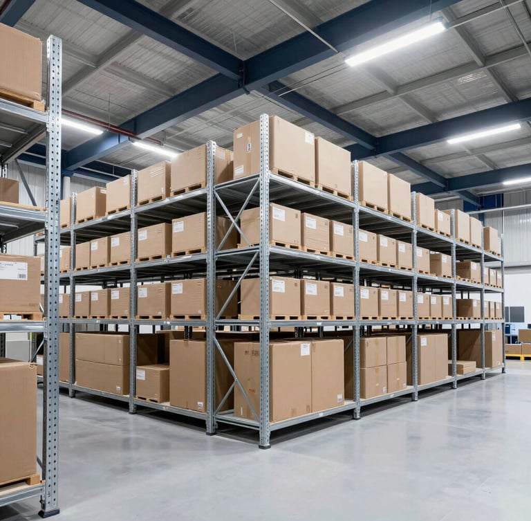 Wide angle architectural shot of a modern, highly organized logistics distribution hub with clean steel shelving and cool-toned lighting.