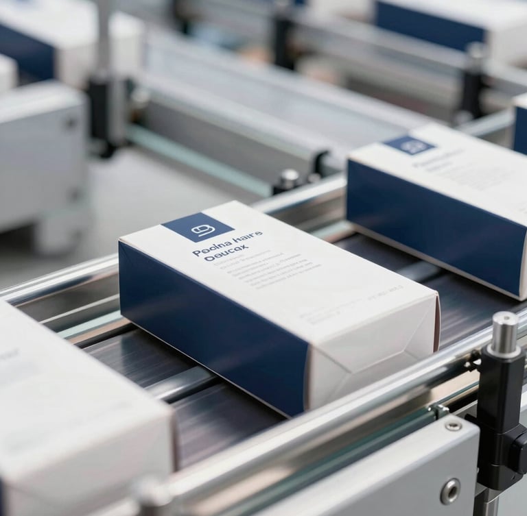 Close-up of high-quality consumer goods packaging moving on a clean, modern automated conveyor belt system, crisp daylight, sharp focus.