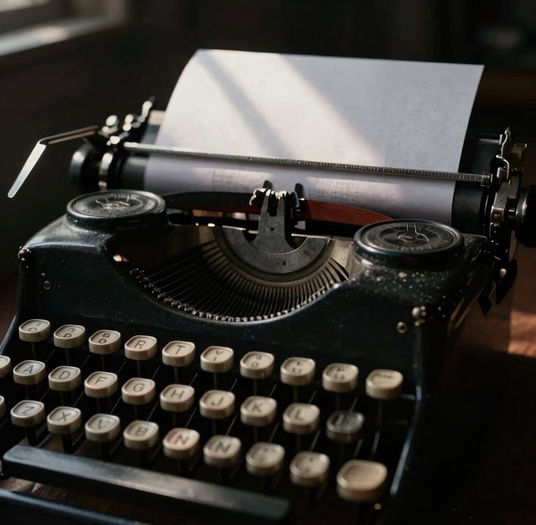 Close-up macro shot of an antique typewriter, keys worn smooth, with a sheet of heavy paper partially rolled in, illuminated by a single shaft of window light in a dark room, deep ink and charcoal tones, 35mm film grain.