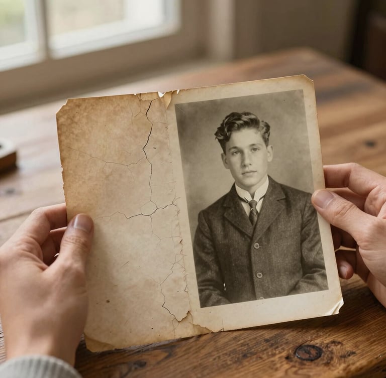 Close-up shot of hands holding a partially restored vintage black-and-white family photograph, showing a clear contrast between the cracked, aged left side and the smooth, digitally restored right side. Warm, soft morning light filtering through a window, highlighting the texture of the old paper on a rustic wooden table.