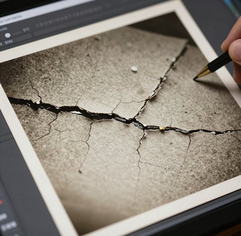 Macro shot of a vintage photo texture, showing cracked paper being carefully restored on a high-resolution digital editing screen with soft lighting.