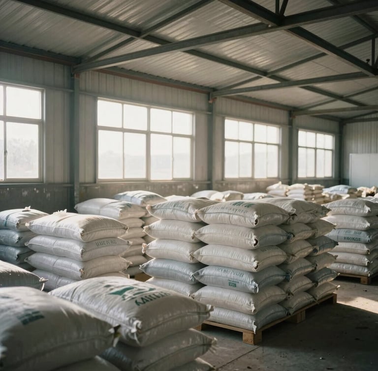 Wide-angle environmental shot of stacks of agricultural product sacks inside a clean, well-lit rural warehouse in Khorda, bright morning light filtering through high windows.
