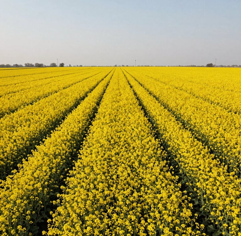 Wide angle environmental shot of bright golden mustard fields in Jhajjar under high-contrast midday sun, clear sky, structured agricultural rows.