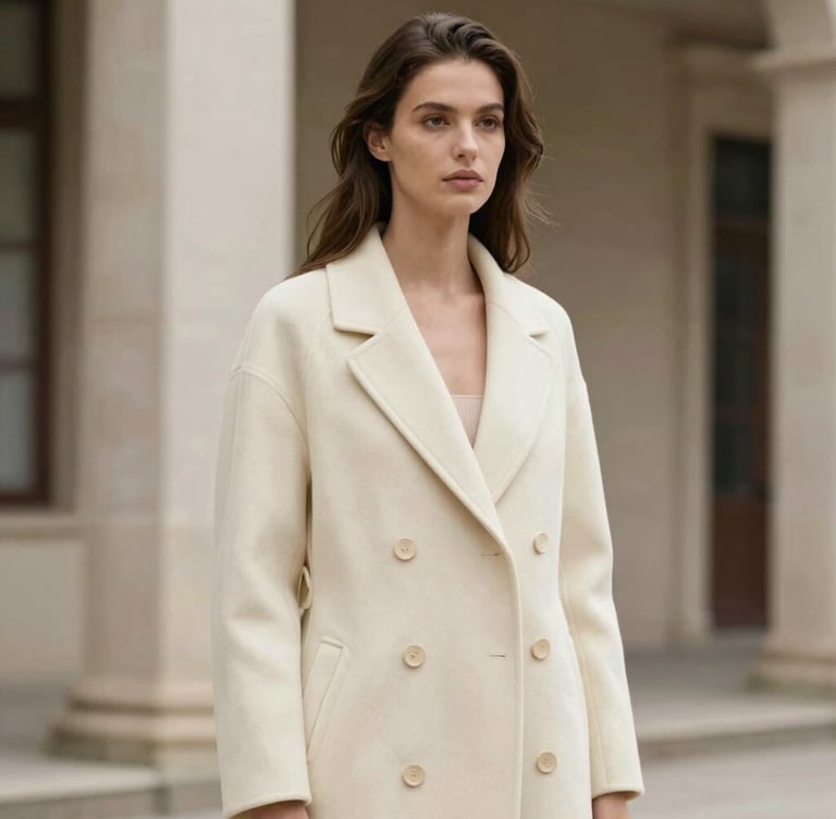 Sofia in an elegant cream-colored coat, outdoor architectural setting, soft natural light, high-fashion editorial style