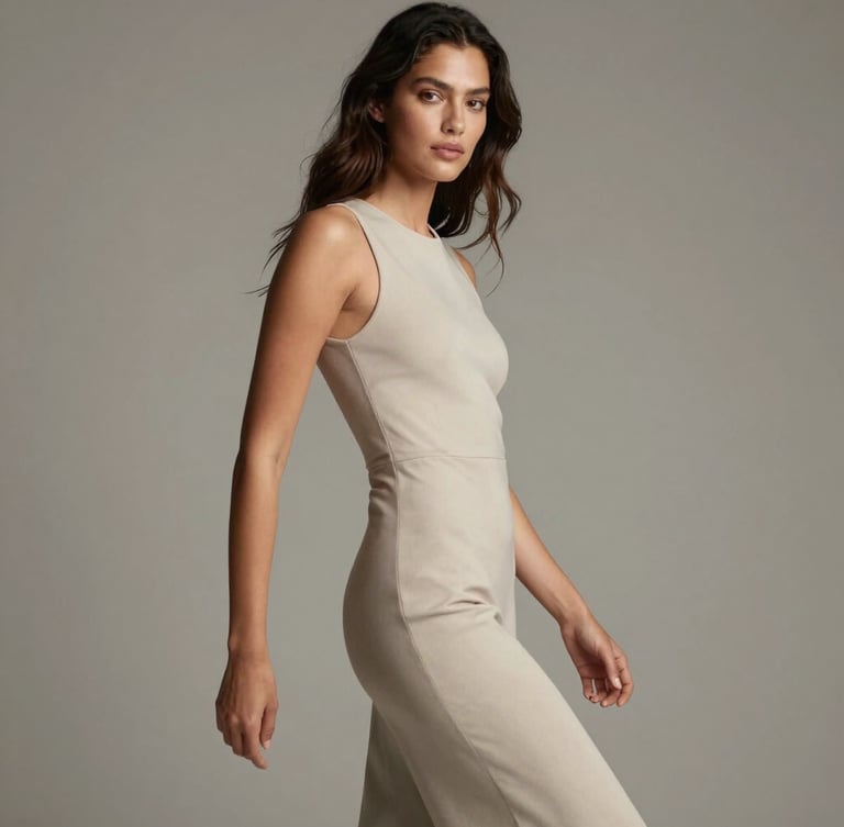 Elegant fashion photography of a Latina model with soft studio lighting, muted neutral tones, high contrast, 85mm portrait lens, showing movement