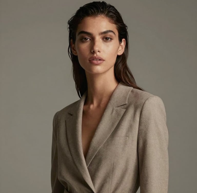 Elegant fashion photography of a Latina model, soft studio lighting, muted neutral tones, high contrast, 85mm portrait lens, neutral studio background