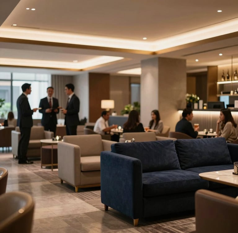 Wide environmental shot of a premium business lounge in Jakarta, elegant warm lighting, executives networking in background, shallow depth of field, 35mm