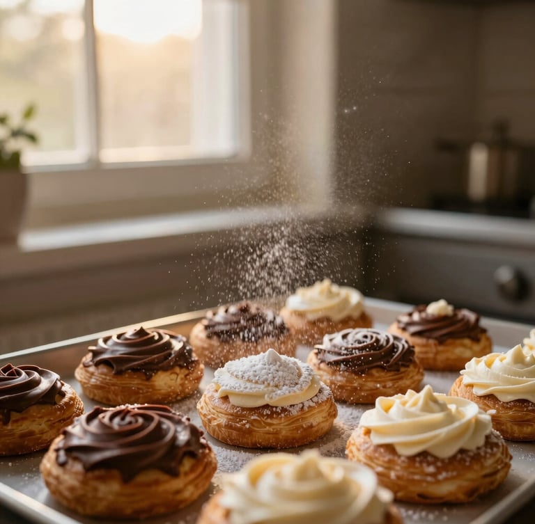 Warm kitchen scene with a dusting of powdered sugar mid-air over fresh pastries, soft golden-hour window light, rich cream and chocolate tones, shallow depth of field, 35mm