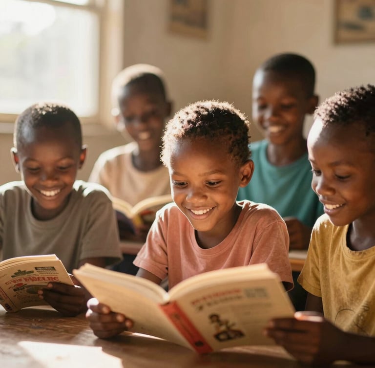 Warm environmental portrait of South African children reading together in a sunlit room, soft golden light, shallow depth of field, 35mm